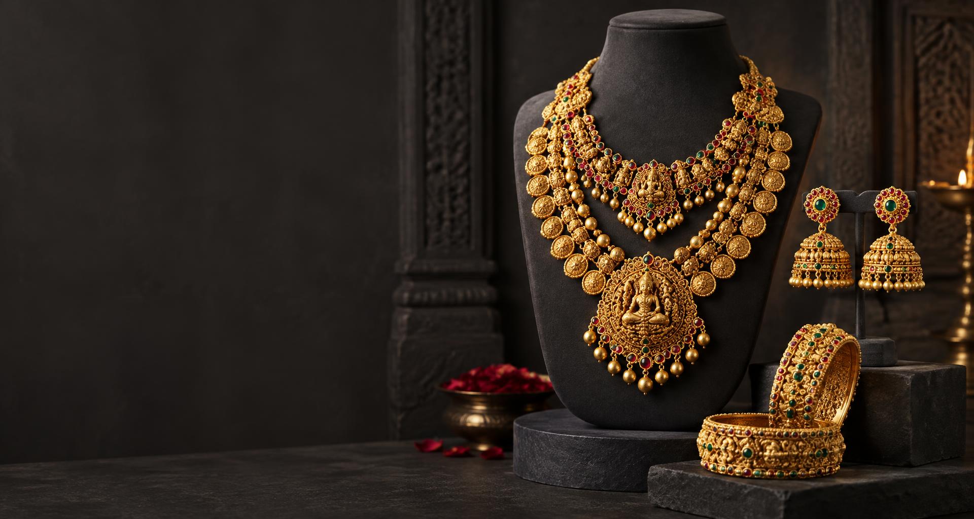Traditional gold bridal necklace, earrings and bangles on a charcoal jewellery display